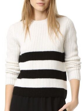Equipment Crew Neck Stripe Knit Sweater in White and Black Wool & Alpaca